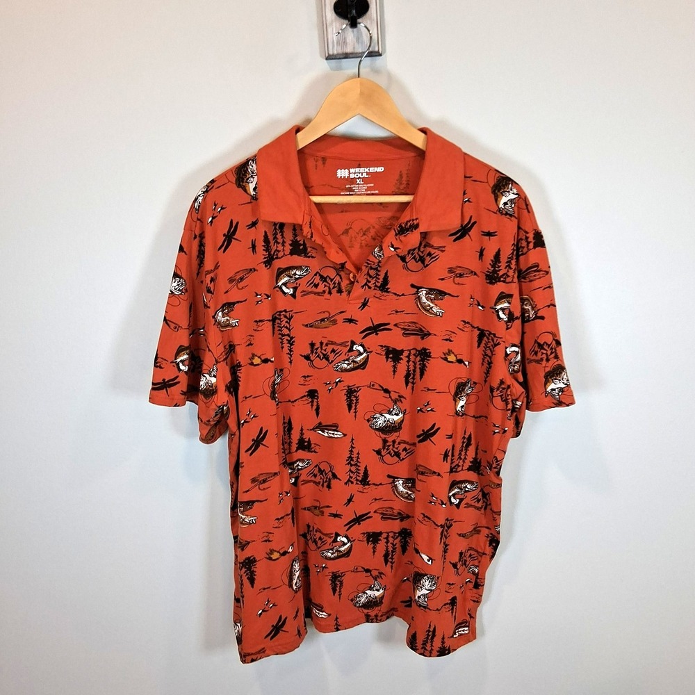 Weekend Soul Large Mouth Bass Fish Print Orange Polo Sz XL Fishing Novelty‎ Boat